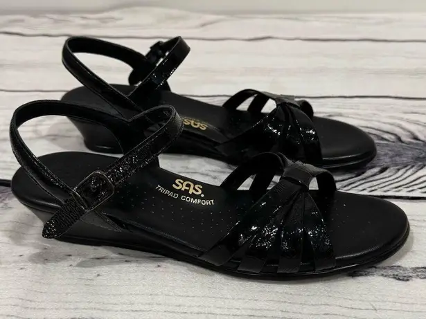 SAS Strippy Low Wedge Black Sandals Women's 9.5 M Tripad Leather Comfort Strappy