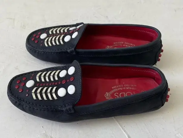 Tod's Gommini Embellished Suede Loafer Dark Navy Red Size 35