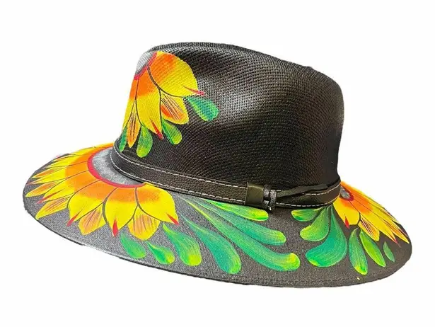 HAT MEXICAN Artisanal Hand Painted Fedora Sunflower Sombrero Panama Bohon Black