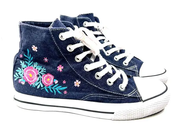 Airwalk Sneaker Womens 10 Navy Denim Embroidered Flowers Lace Up High Top Shoes