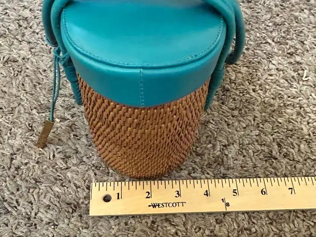 Elliott Lucca Turquoise green leather trim straw rattan woven stiff basket bag