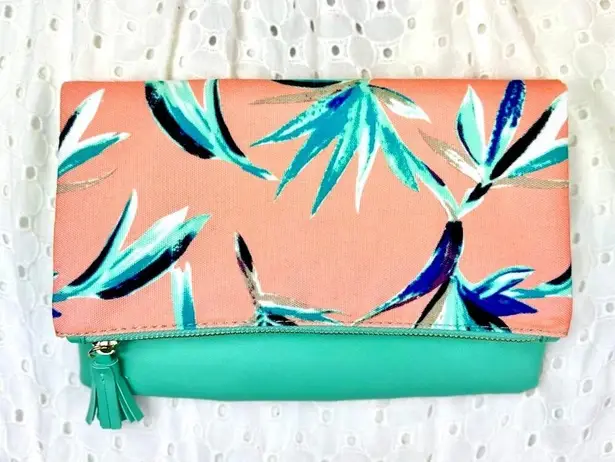 Rachel Pally Reversible Clutch Mint/Coral Tropical Floral Print Fold Over Bag