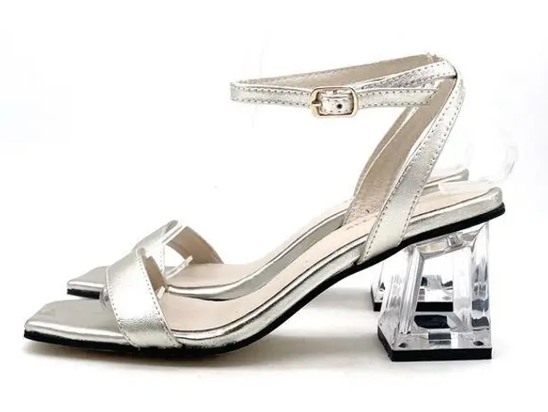 All Black Crystal Lady Sandal Size EU 37 | US 6.5 Platinum Leather Lucite Heel Silver