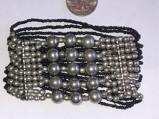 Silver Tone Black Seed Bead Boho Beaded Wide Stretchy Bracelet