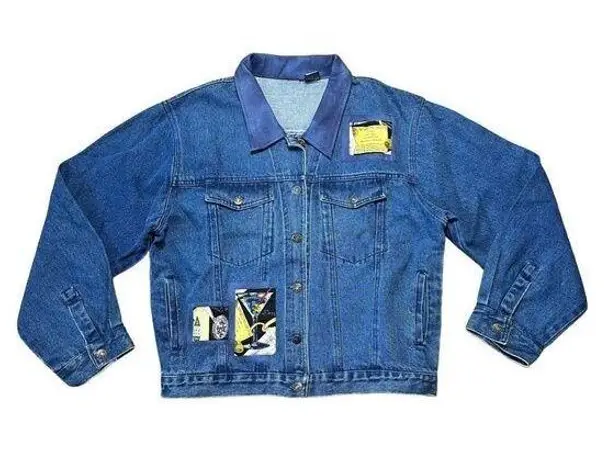 Retro PTNY Denim Jacket XL Women’s Patches Martini Cocktail Festive Novelty Blue