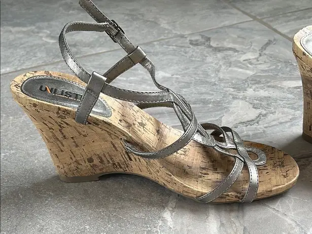 Unlisted Silver Wedge Sandals with Metallic Straps Cork Heels