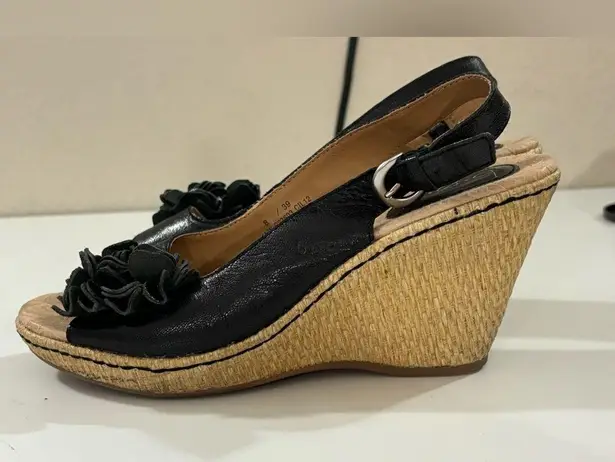 Born BOC Black Leather Floral Peep Toe Slingback Woven Wedge Heel Sandals 8