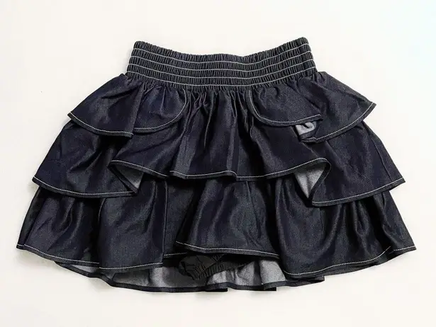 Japanese Y2K Kawaii Ruffle Tiered Layered Navy Blue Denim Mini Skirt Size XS