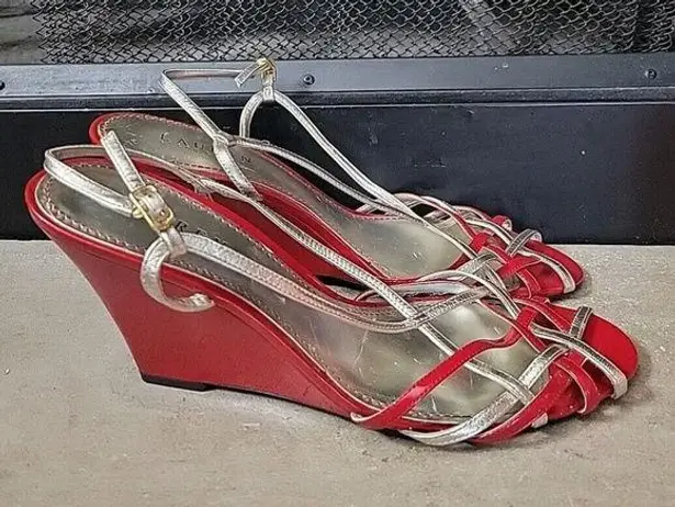 Ralph Lauren  Berdy Red/silver Metallic Strappy Patent Leather Wedge Heels Sze 10