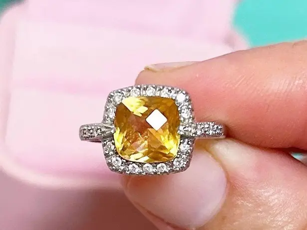 14kt White Gold 2+ Carat Cushion Cut Diamond Halo Citrine Ring Silver Size 6