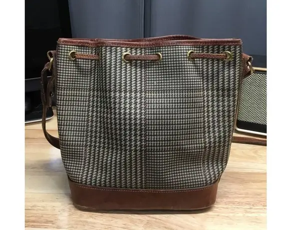 Polo RALPH LAUREN HOUNDSBONE Shoulder DRAWSTRING BUCKET BAG Brown Leather