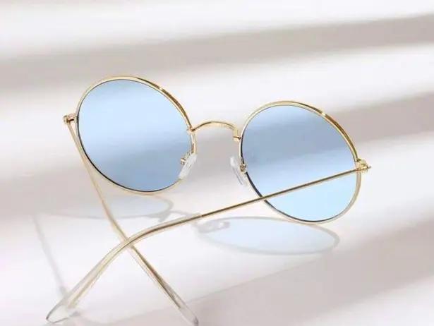 🆕Blue Tinted Round Lens Gold Frame Sunglasses Blue