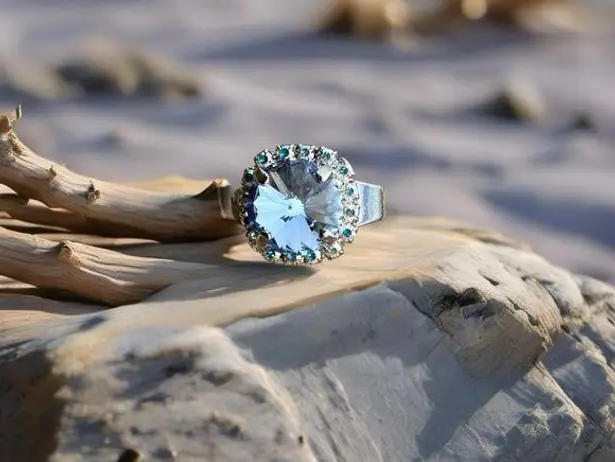 Handcrafted ring made with light sapphire Swarovski crystal size adjustable Blue