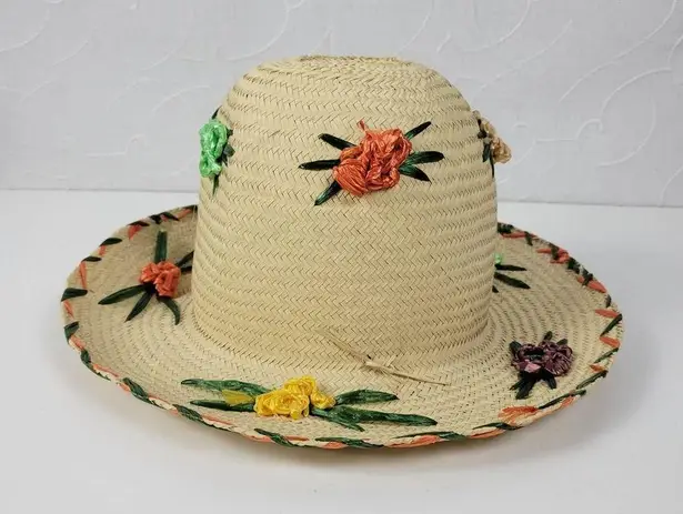 Raffia Floral Embellished Flat Brim Summer Sun Hat Cream Straw Multicolor