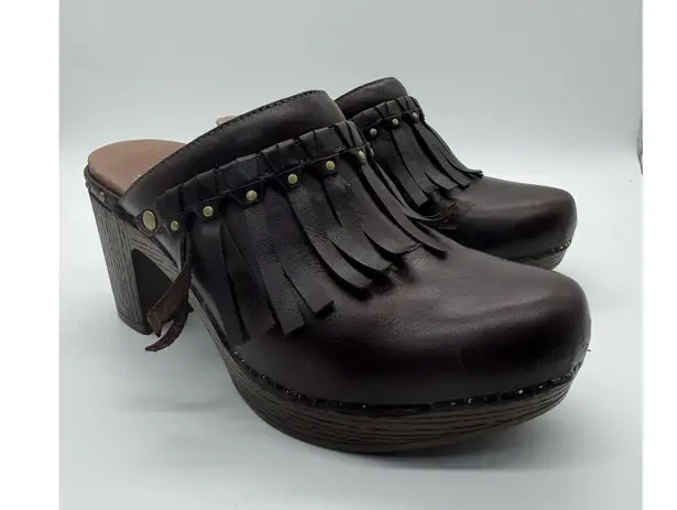 Dansko Deni Mules Clogs Shoes Womens Size US 39 EU Brown Leather Fringe