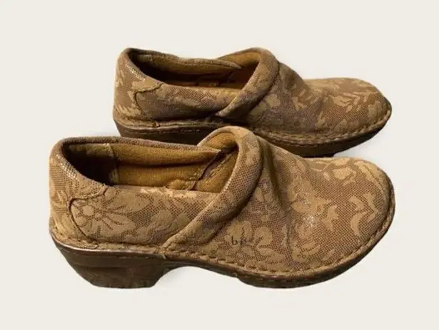 B.O.C. Women's Size 6 Brown Leather Floral Lacey Overlay Clogs Comfortable Brown