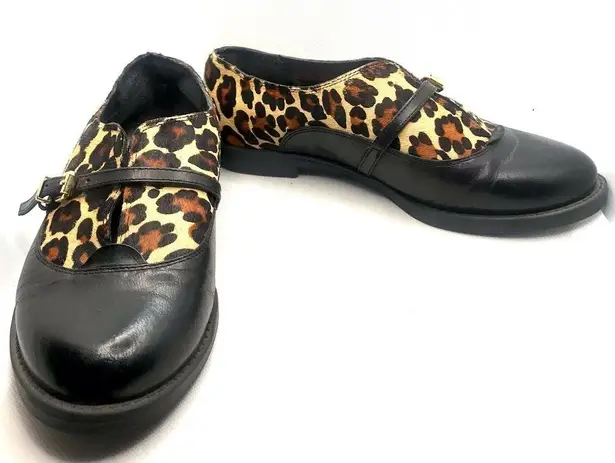 Bella Vita "REESE" BLACK LEATHER AND ANIMAL PRINT FUR SLIP ON LOAFER SHOES (6)