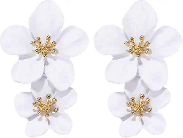 White Women Boho Flower Earrings Fashion Statement, Drop Dangle Stud Earrings