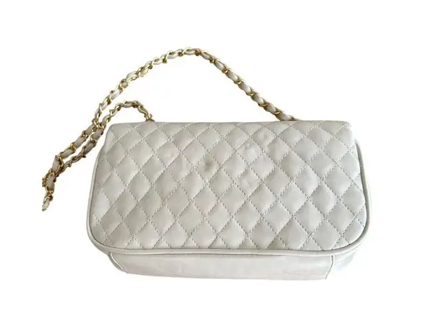 Quilted White Faux Leather Shoulder Bag With Gold Chain Strap & Turn Lock