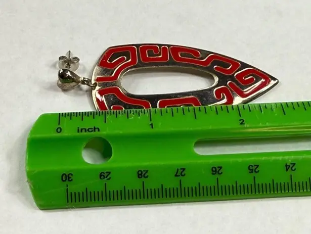 Retro Red and Silver Color Metal Dangle Earrings Pierced Post Aztec Tribal