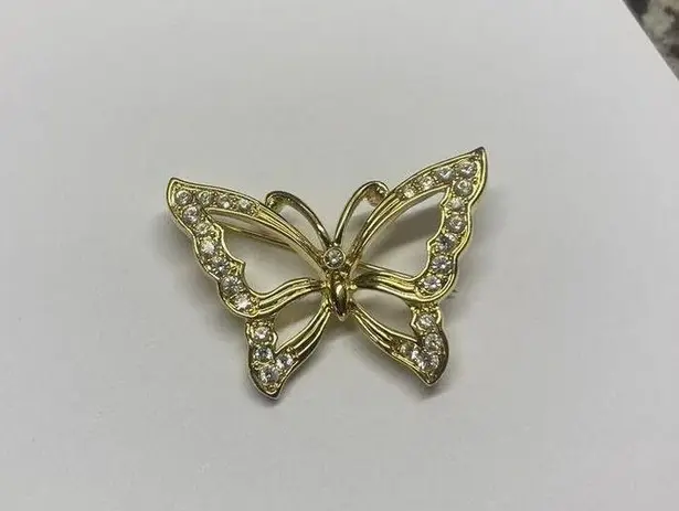 Monet Butterfly Insect Brooch Pin Gold Tone / Rhinestone Signed