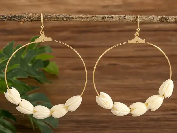 None Pikake gold tone hoop earrings Beachy tropical vacation cruise NEW