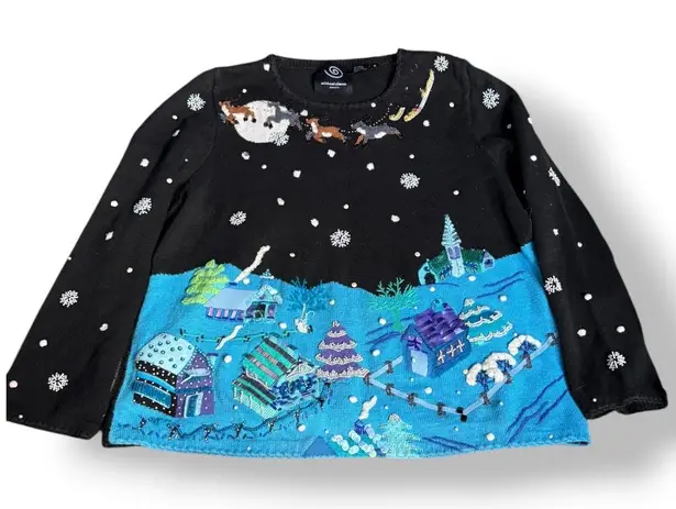 Vintage Michael Simon Event XL Holiday Village Sweater Black Blue Bead Applique