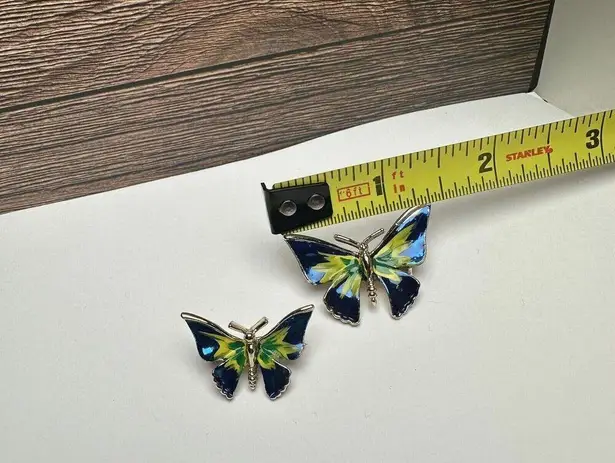Butterfly Insect Blue Yellow Green Enamel Brooch Pin Gold Tone Set Of 2
