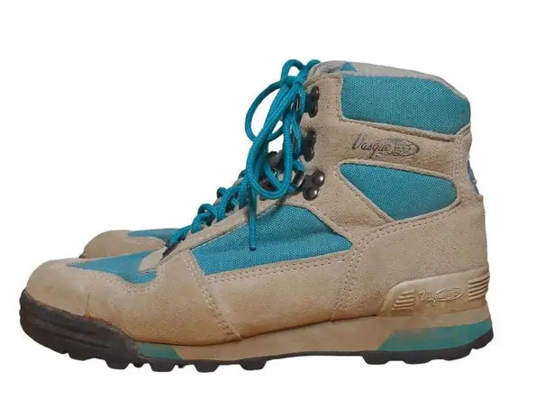 Vasque VTG Hiking Boots Teal Blue Beige Suede Padded Cuff Ankle Lace Up Trail 9