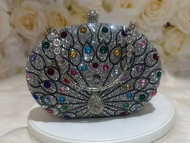 Silver Peacock Clutch with Colorful Gemstones