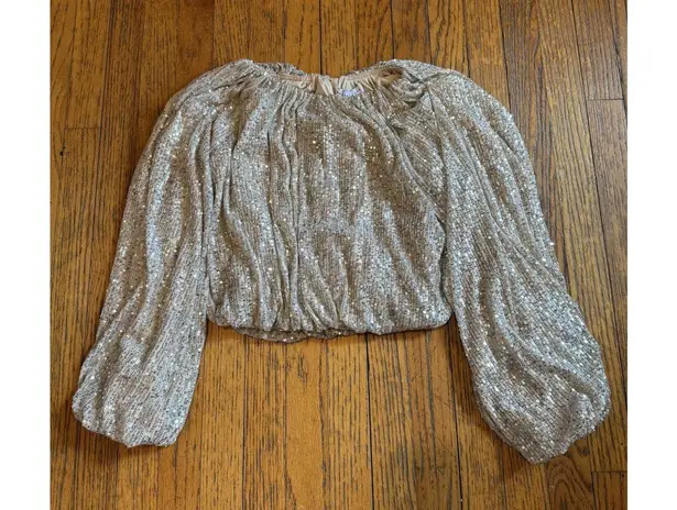 New Endless Rose Top Womens XS Nude Sequin Blouson Balloon Sleeve Crop HN506T