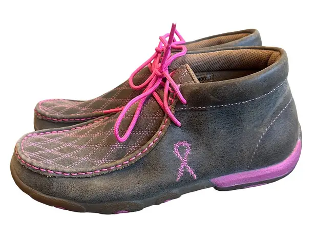 Twisted X Breast Cancer Awareness Brown Leather Driving Moccasins Shoes Size 8