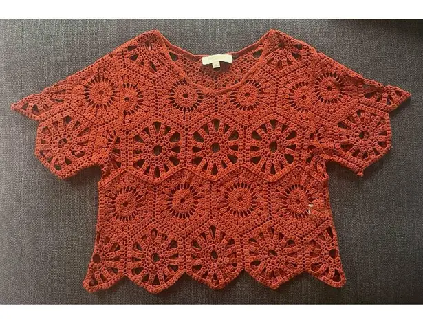 Burnt Orange Crochet Sweater Top Cropped Short Sleeve Rust Size Medium Boho