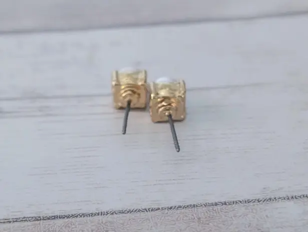 Vintage Stud Earrings Faux Pearl with Square Gold Tone Halo