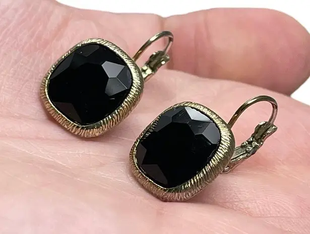 Monet Vintage Signed Pierced Gold Tone Black Facet Dangle Earrings Classy Retro