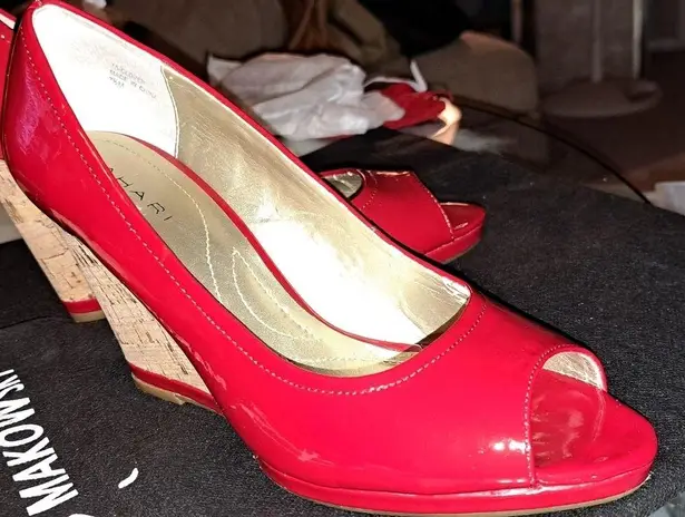 Tahari  Peep Toe Cork Wedge Heels. Red Patent Leather. Size 7 1/2