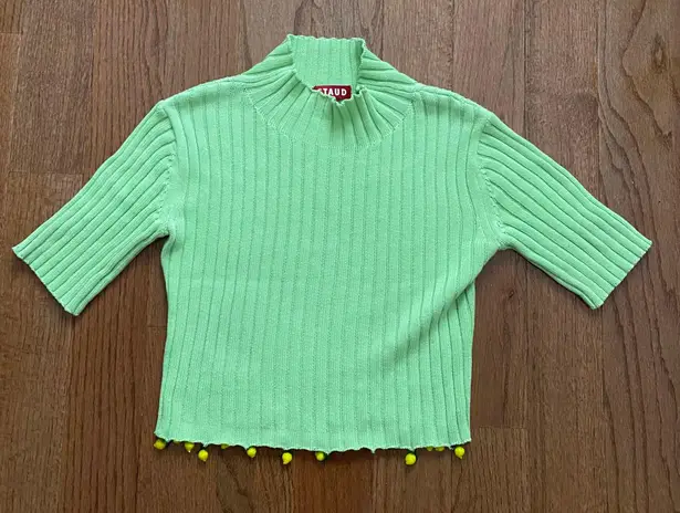 STAUD pistachio green ribbed cropped mock neck rocky sweater lemon beads