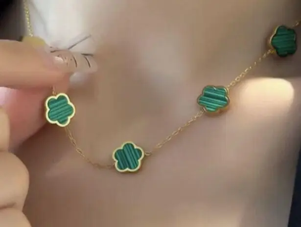 Gold Plated Clover Necklace Earring SET Green 5 Petals Unisex Womens Mens