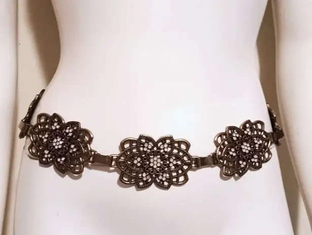 Women Gold Toned Medallion Chain Belt-White Opalescent Stones-Adjustable-Boho