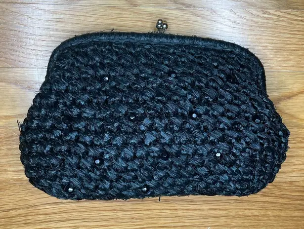 Vintage raffia black kiss lock purse with beads