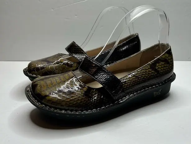 Alegria leather Black green Mary Jane reptile animal print slip on clogs 38