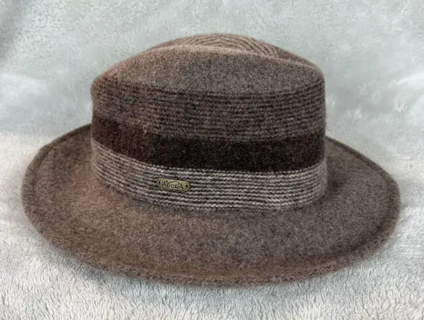 Adora Fedora Hat One Size Taupe Brown Wool Blend Felt Stripe Adjustable Casual