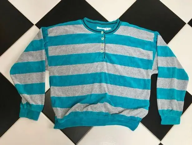 Jaclyn Smith Vintage 90s Sport Velour Stripes Teal & Grey Henley Sweatshirt sz L