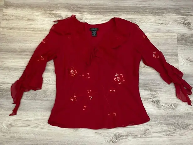 Camille La Vie Red Ruffle Embroidered Floral Print with Sequins Lightweight M