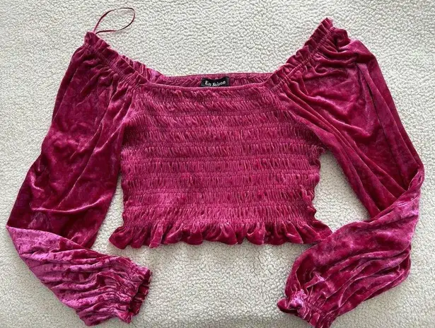 En Saison Magenta Crushed Velvet Smocked Balloon Sleeve Cropped Blouse Top 1X Pink