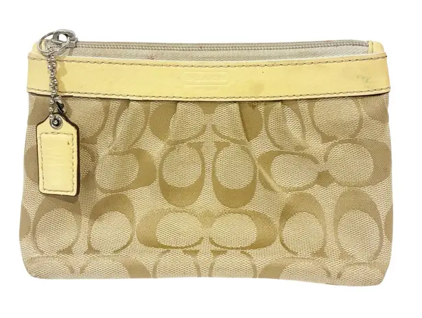 Coach  Signature Canvas Wristlet Zip Pouch With Patent Leather‎ Trim Wallet
