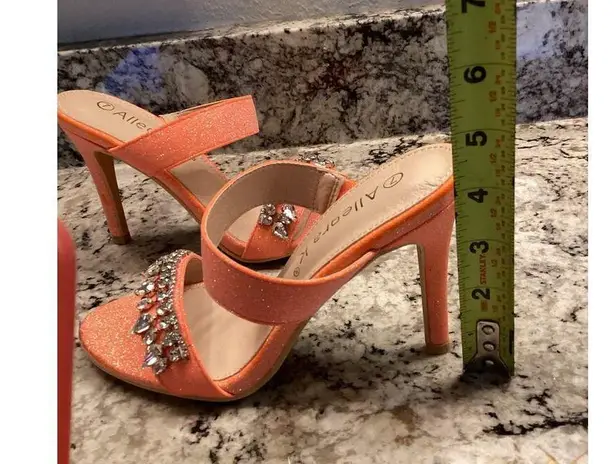 Allegra K Glitter Rhinestone Stiletto heel slip on Open Toe sandals Orange 7