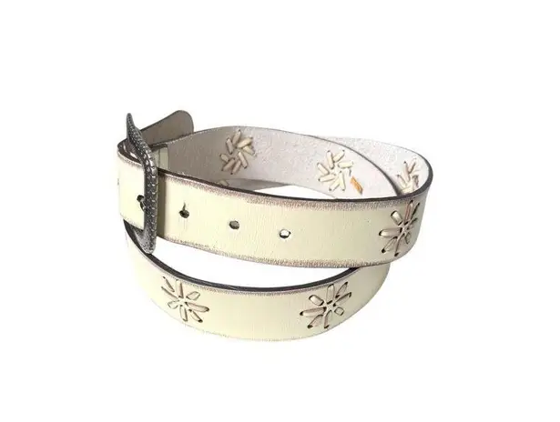 Western Floral Cut Out Belt Womens Large Embossed Buckle Boho Leather White