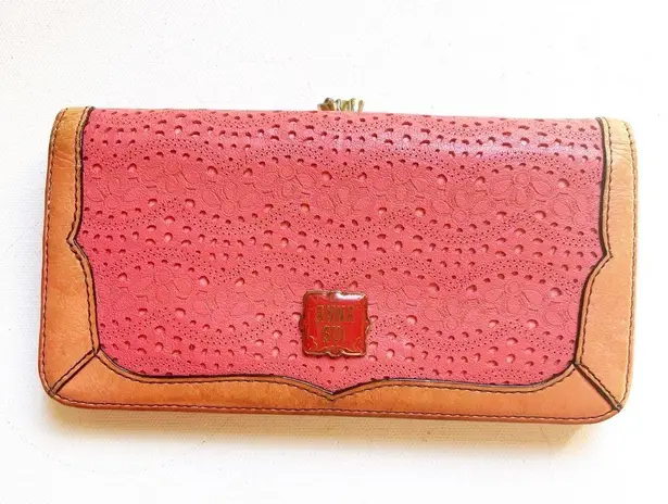 Anna Sui Lasercut Leather Kiss Lock Fold Over Long Wallet Floral Tan Pink