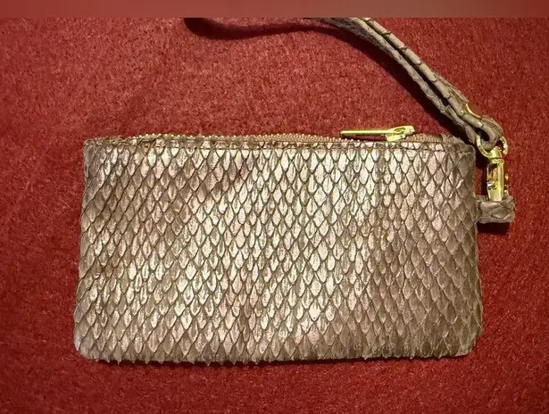 Carrie Dunham Leather Python Metallic Taupe Wristlet Zipper Closure